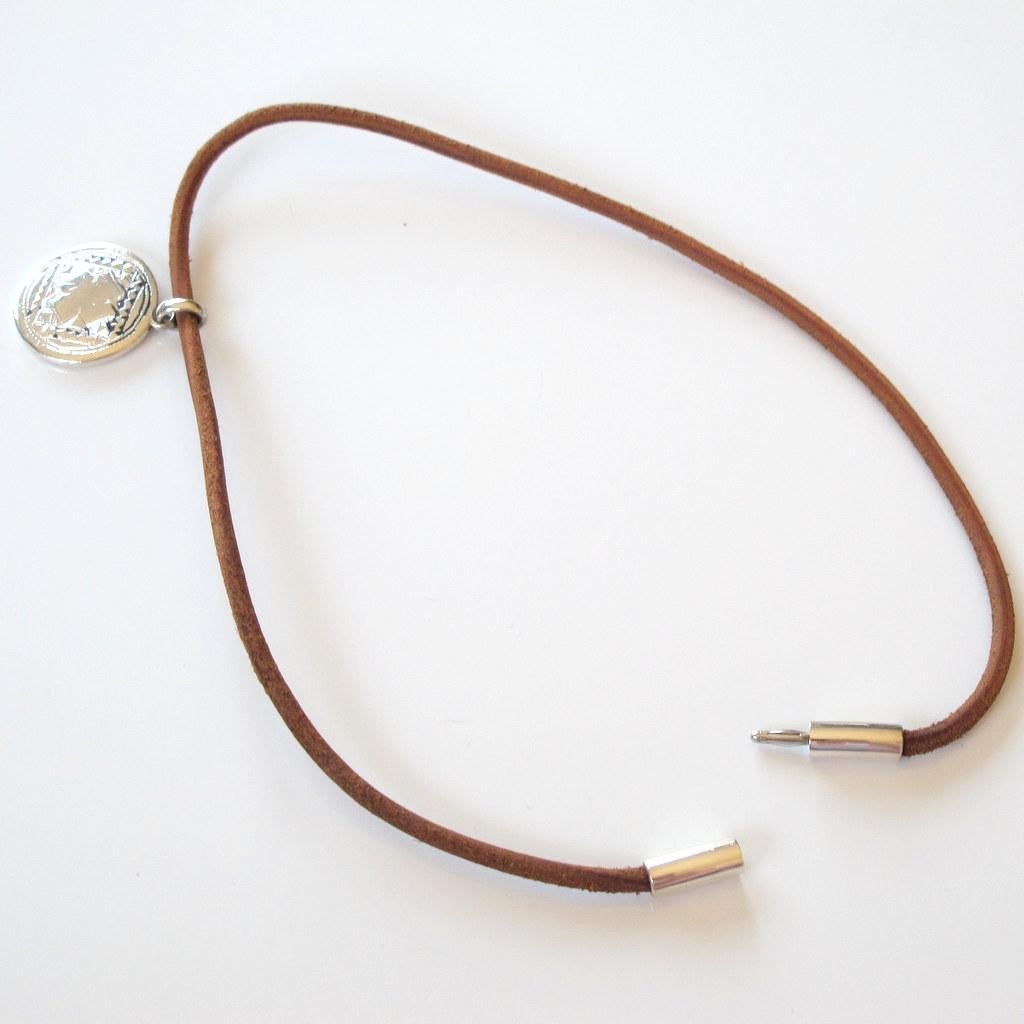Hermes Natural Leather and Touareg Sterking Silver Medallion choker - poupishop