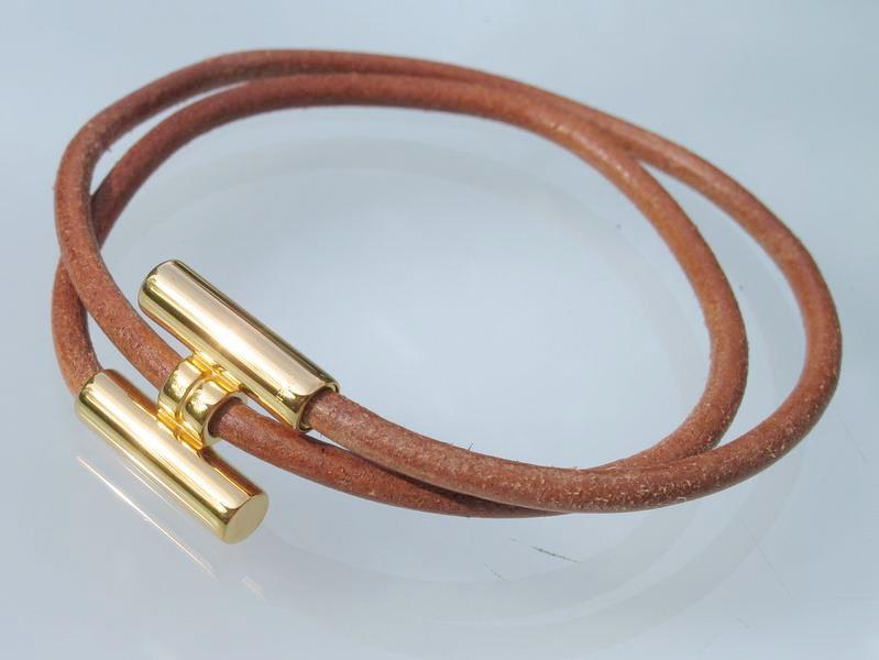 Hermes Natural Leather & Plated Gold Unisex Bracelet Tournis, New! - poupishop