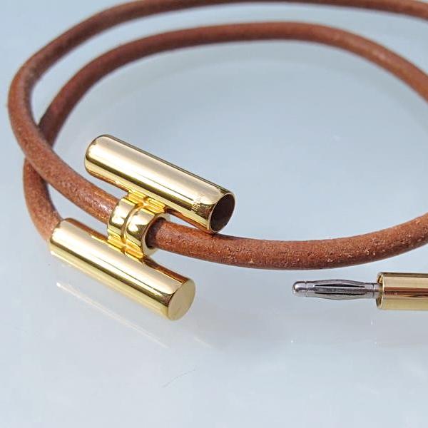 Hermes Natural Leather & Plated Gold Unisex Bracelet Tournis, New! - poupishop
