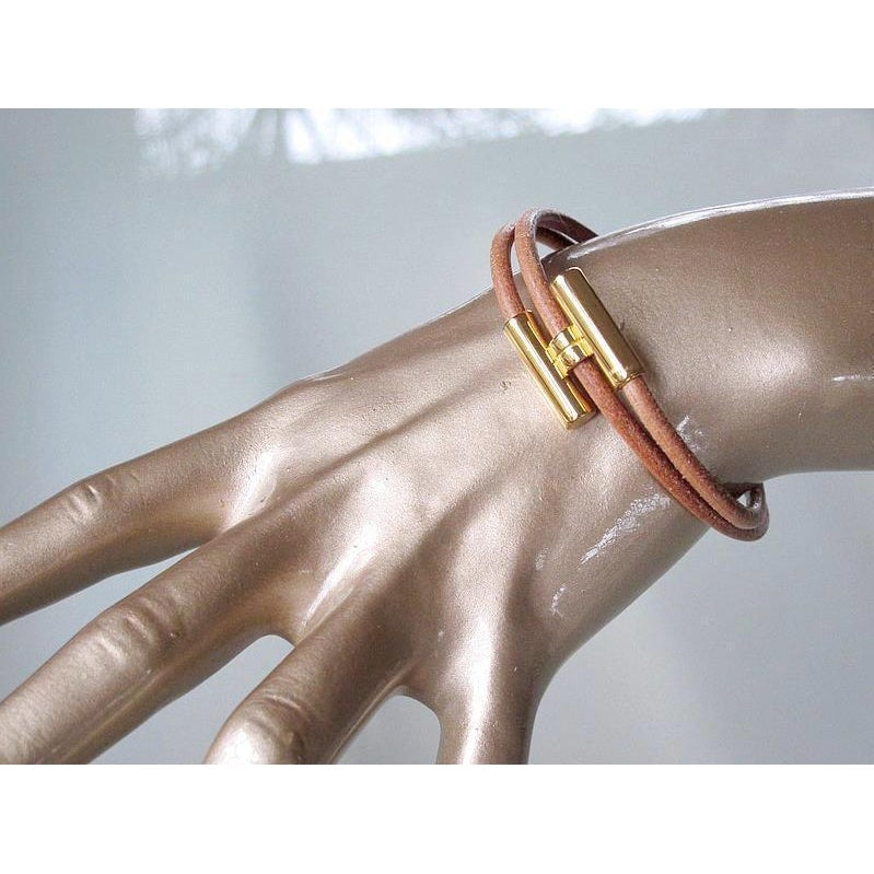 Hermes Natural Leather & Plated Gold Unisex Bracelet Tournis, New! - poupishop