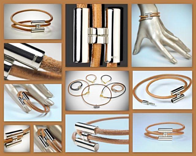Hermes Natural Leather & Plated Silver Unisex Bracelet Tournis, New! - poupishop