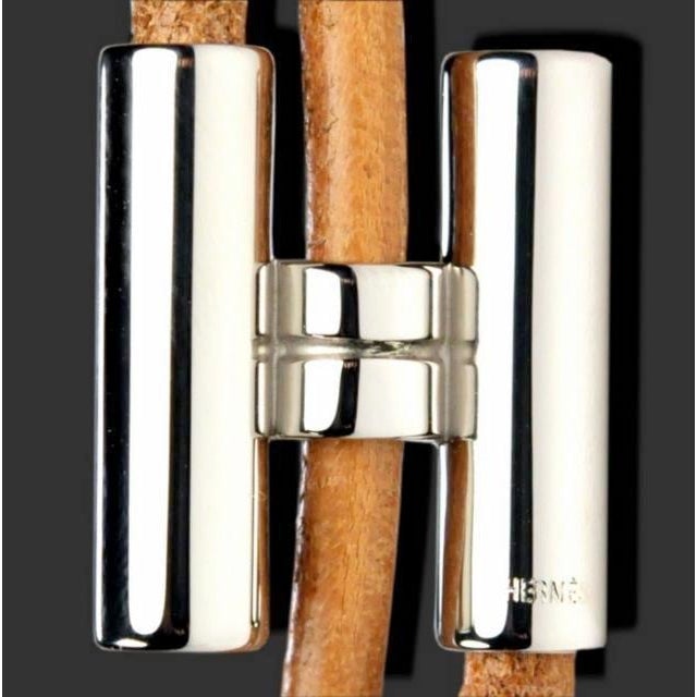Hermes Natural Leather & Plated Silver Unisex Bracelet Tournis, New! - poupishop