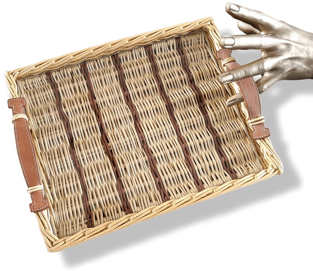Hermes Natural with Dark Brown Stripes OSERAIE Wicker Tray with Leather Handles TPM, NIB! - poupishop