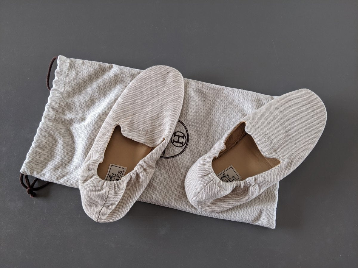 Hermes Natural Women Canvas and Leather Slippers Shoes H, Sz39, New! - poupishop