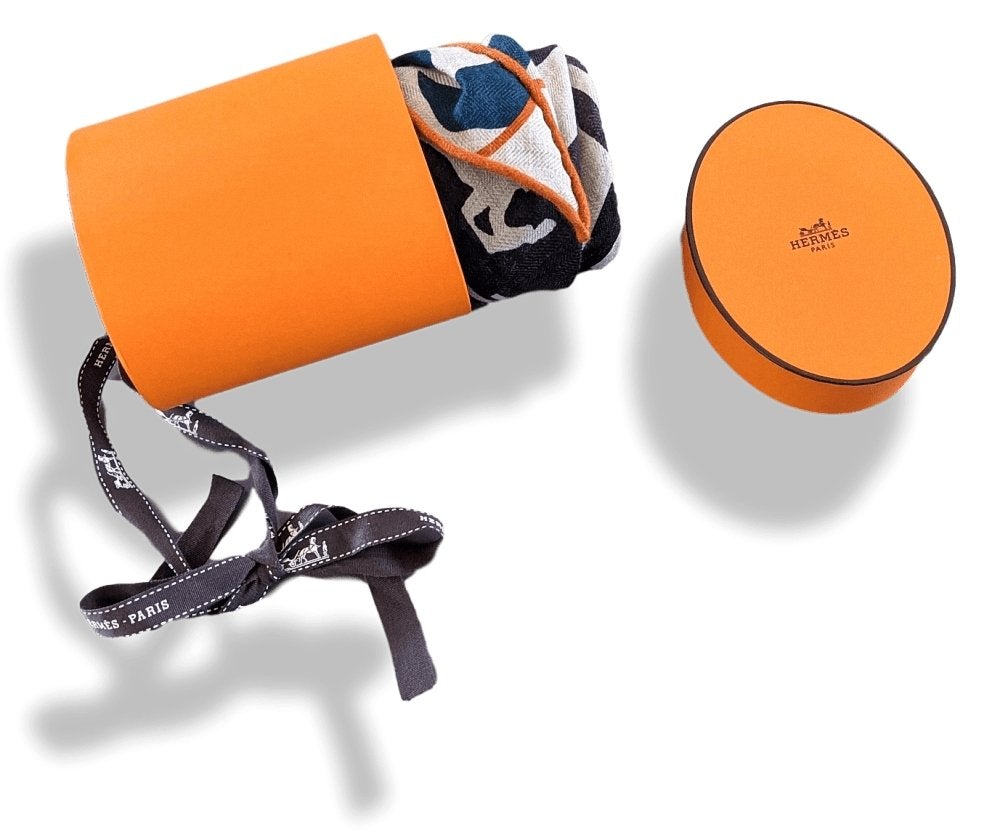 Hermes Natural/Black/Blue/Orange Cashmere SEQUENCES IMPRIMEUR FOU LOSANGE GM, Men Collection, BNIB! - poupishop