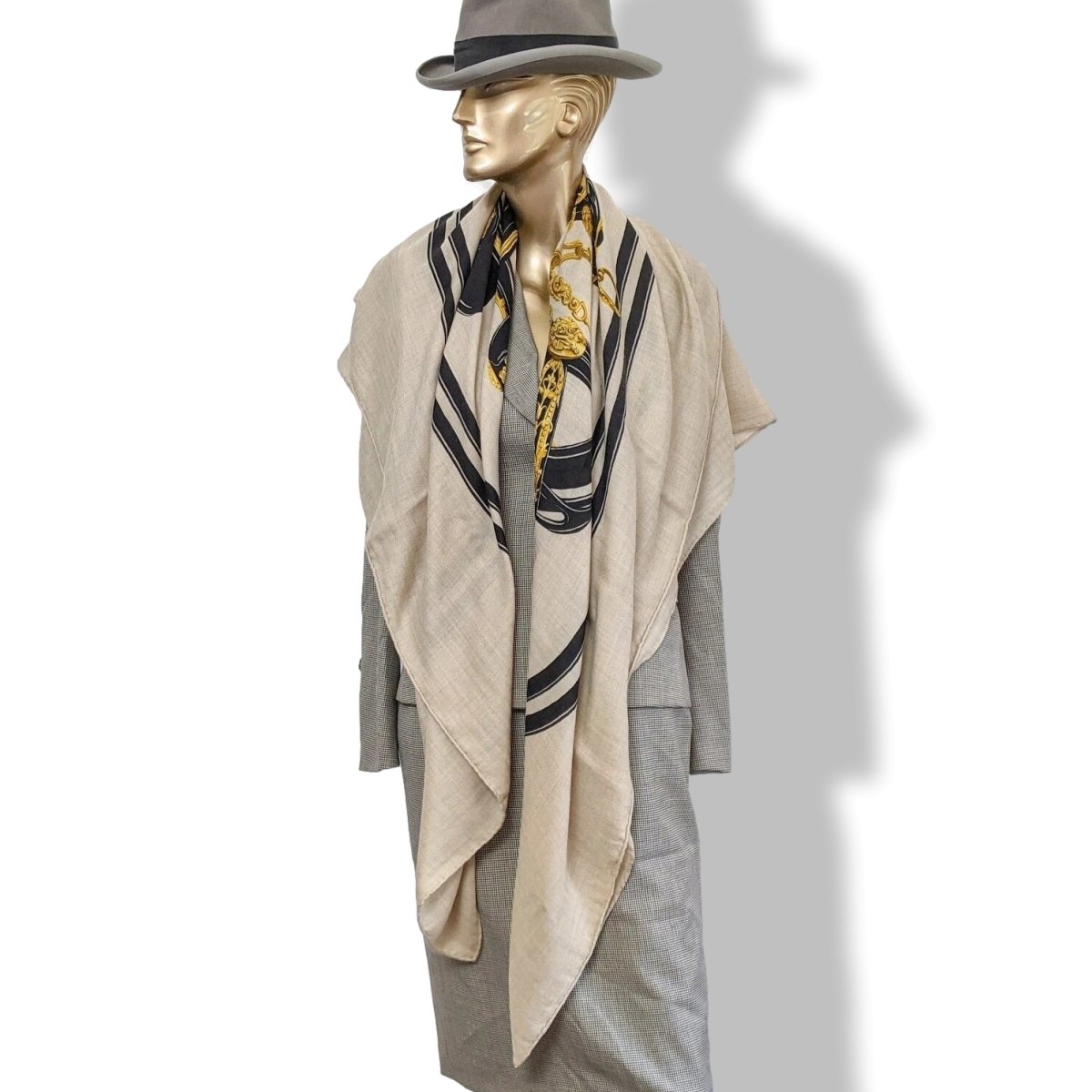 Hermes Naturel/Noir/Or BRIDES DE GALA by Hugo Grygkar Cashmere 65%/35% Silk Shawl 140, RARE! - poupishop