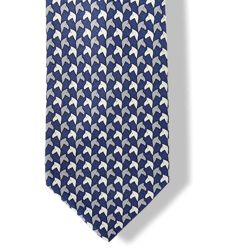 Hermes Navy Acier Grey Foals POULAINS Twill Silk Tie 7cm, NWT in Pochette! - poupishop