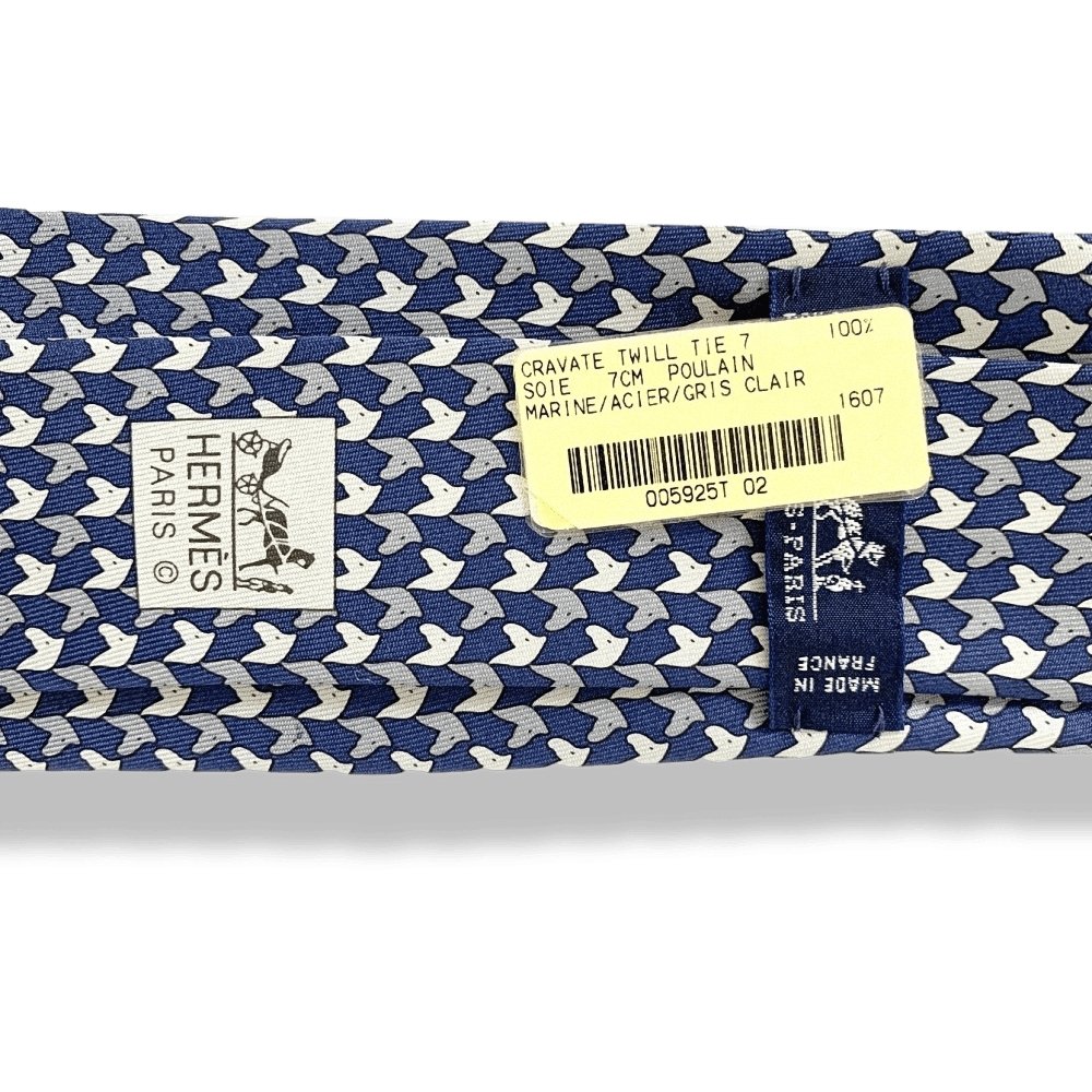Hermes Navy Acier Grey Foals POULAINS Twill Silk Tie 7cm, NWT in Pochette! - poupishop