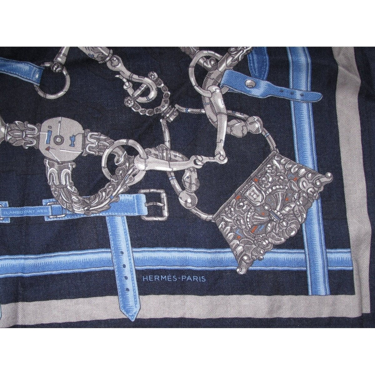 Hermes Navy Blue Anthracite Flamboyant Web by Daiske Nomura Unisex Cashmere 100 cm, Mint! - poupishop