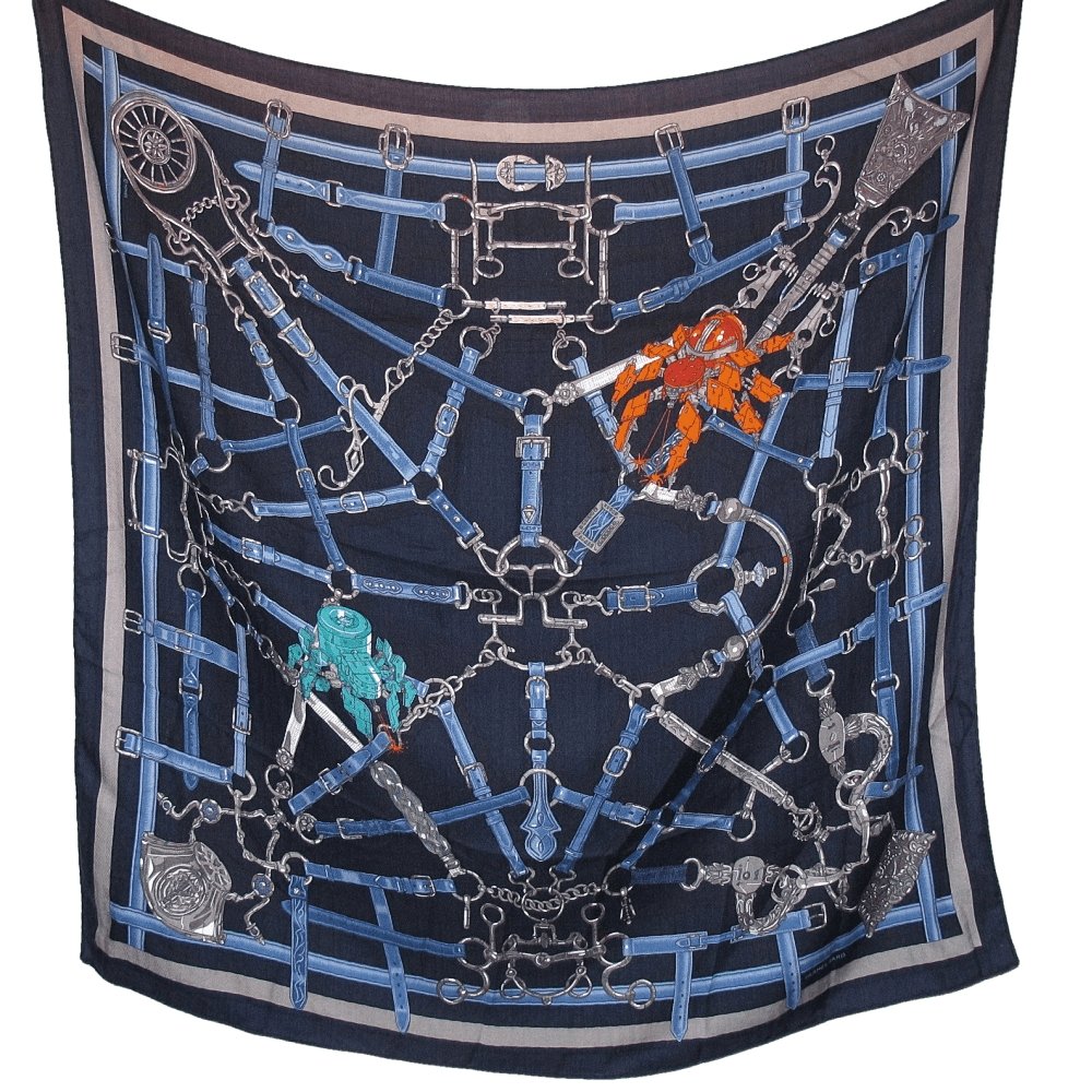 Hermes Navy Blue Anthracite Flamboyant Web by Daiske Nomura Unisex Cashmere 100 cm, Mint! - poupishop