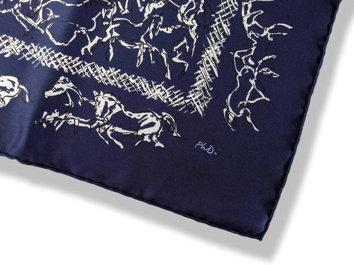 Hermes Navy Blue/White Special Issue RANCH BANDANA by Philippe Dumas Twill Silk Carre 55, Mint! - poupishop
