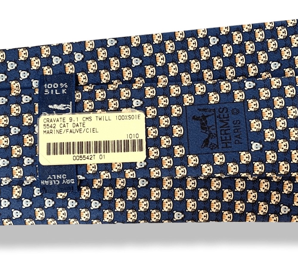 Hermes Navy Fauve Sky Chats CAT DATE Twill Silk Tie 9cm, NWT in Pochette! - poupishop