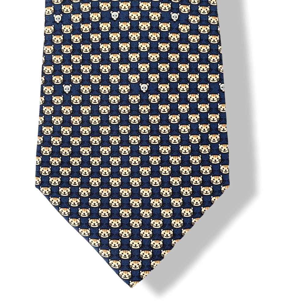 Hermes Navy Fauve Sky Chats CAT DATE Twill Silk Tie 9cm, NWT in Pochette! - poupishop