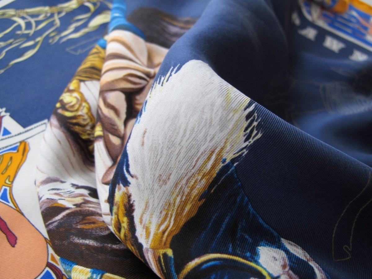 Hermes Navy King Blue Orange Pani La Shar Pawnee by Kermit Oliver Wash Silk Carre 90cm, Box! - poupishop