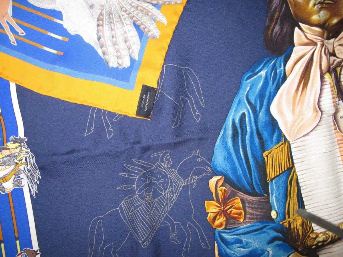 Hermes Navy King Blue Orange Pani La Shar Pawnee by Kermit Oliver Wash Silk Carre 90cm, Box! - poupishop