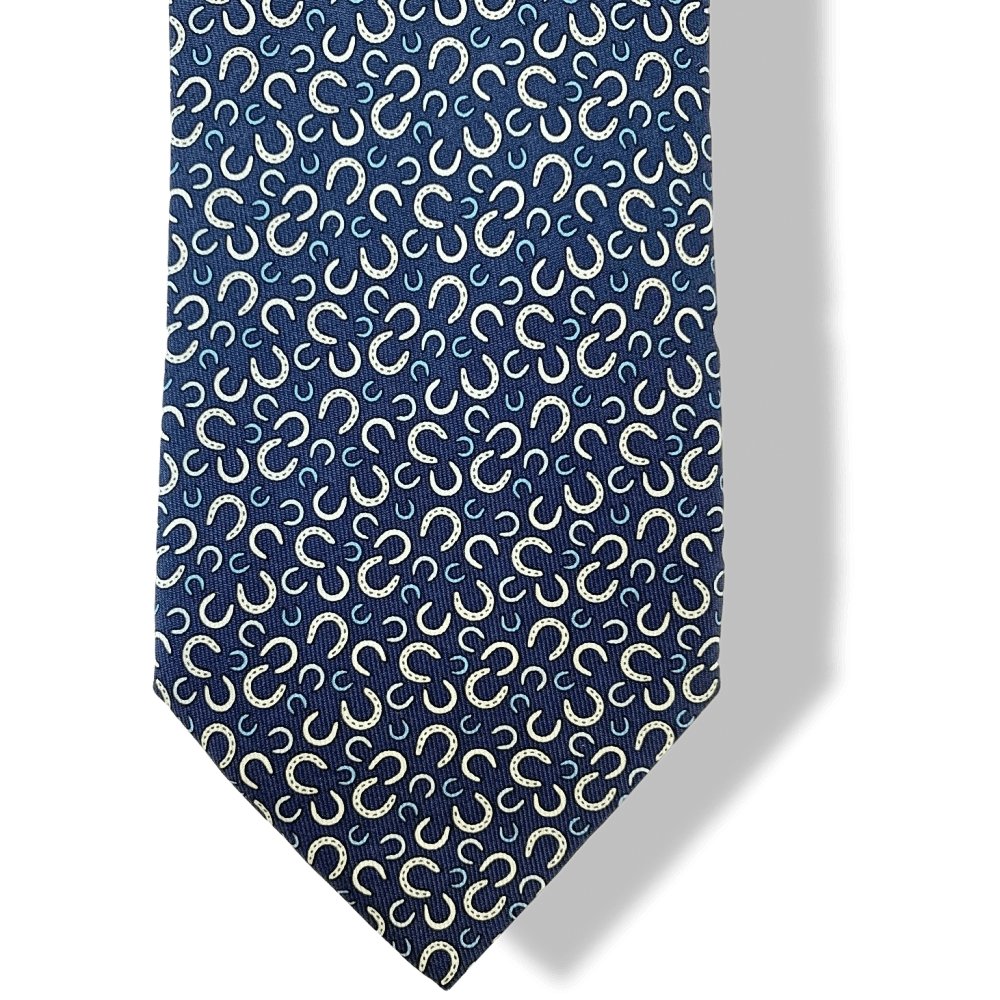 Hermes Navy Pale Blue Sky Horseshoes FERS EN VRAC Twill Silk Tie, NWT in Pochette! - poupishop