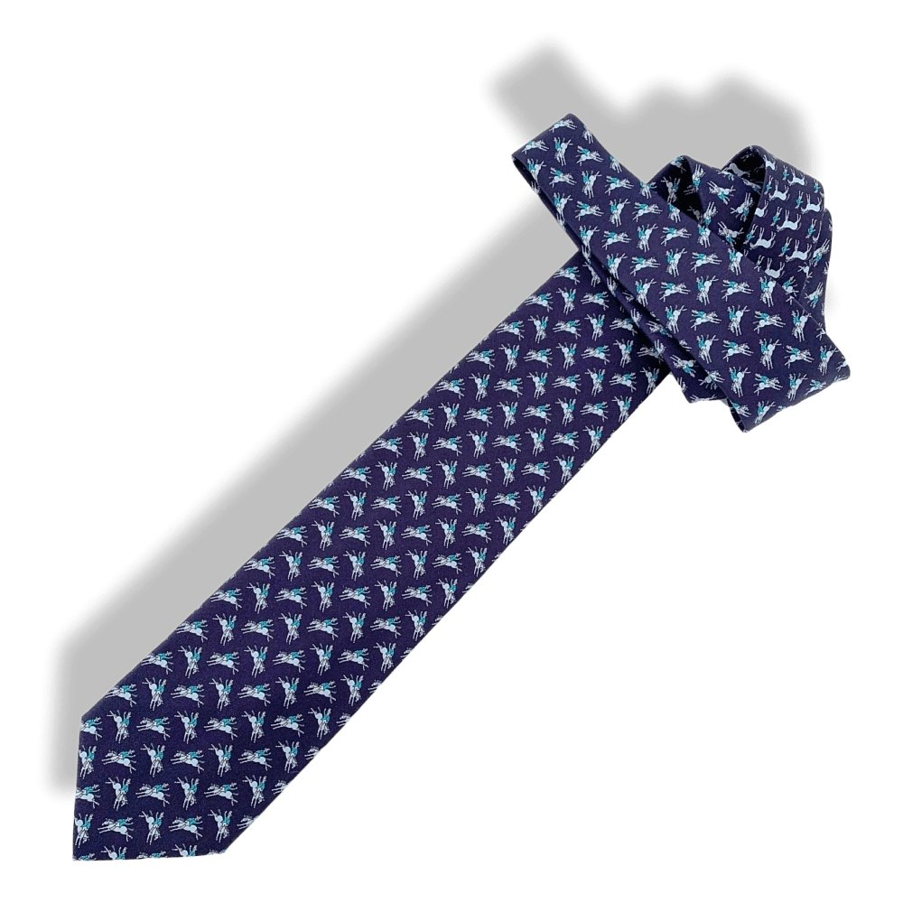 Hermes Navy Sky Turquoise RODEO TWILLBI Twill Silk Tie 8cm, NWT in Pochette! - poupishop