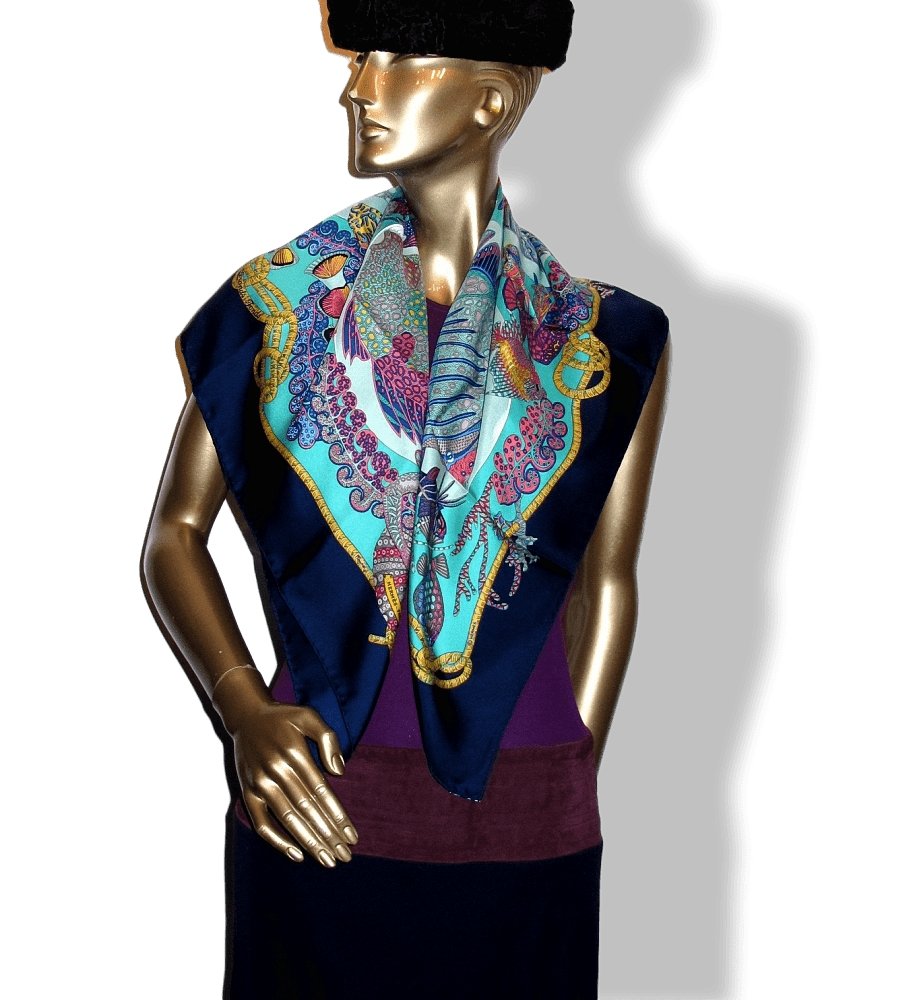 Hermes Navy Turquoise Grands Fonds by Annie Faivre wit Blanc Matte Overlay Twill Silk 90cm,New! - poupishop