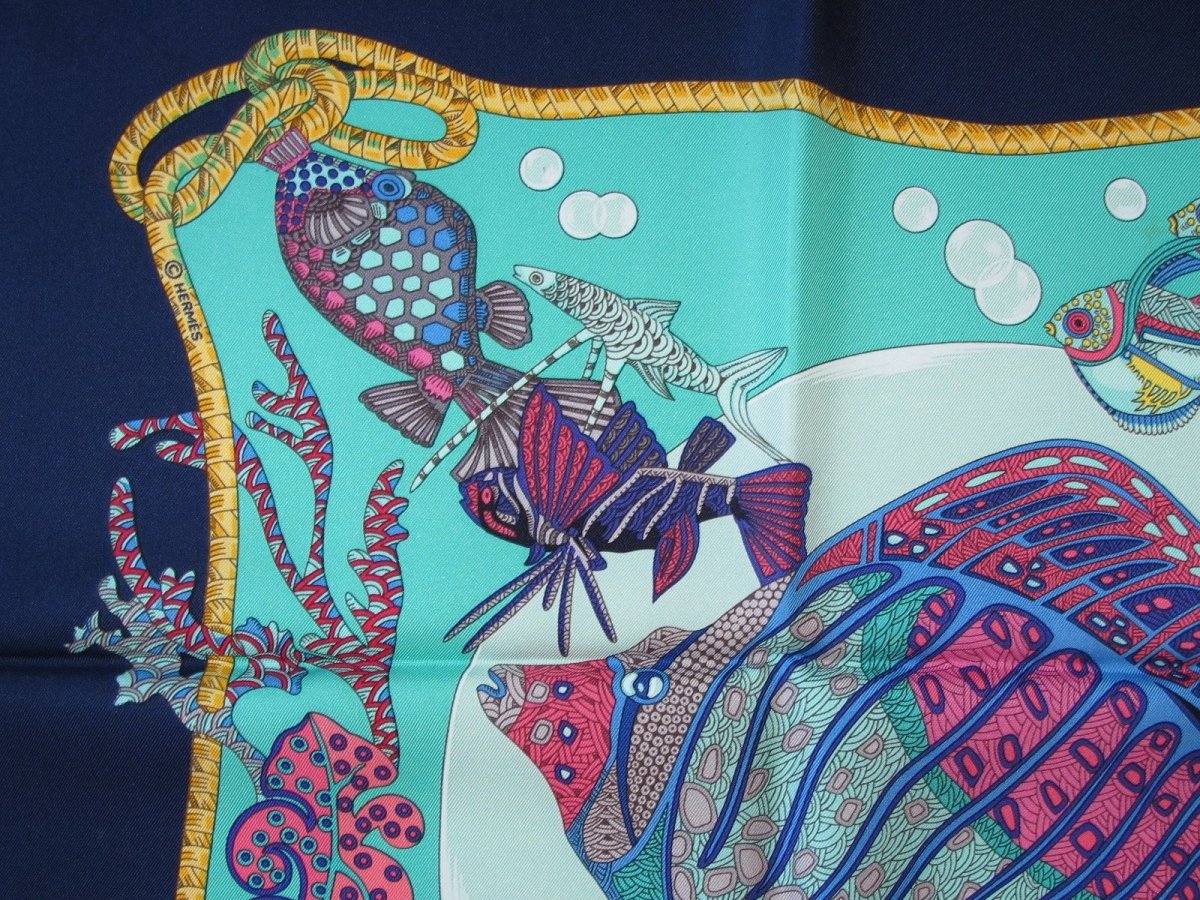 Hermes Navy Turquoise Grands Fonds by Annie Faivre wit Blanc Matte Overlay Twill Silk 90cm,New! - poupishop