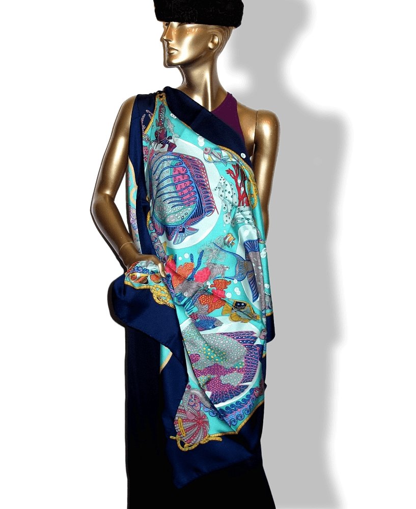 Hermes Navy Turquoise Grands Fonds by Annie Faivre wit Blanc Matte Overlay Twill Silk 90cm,New! - poupishop