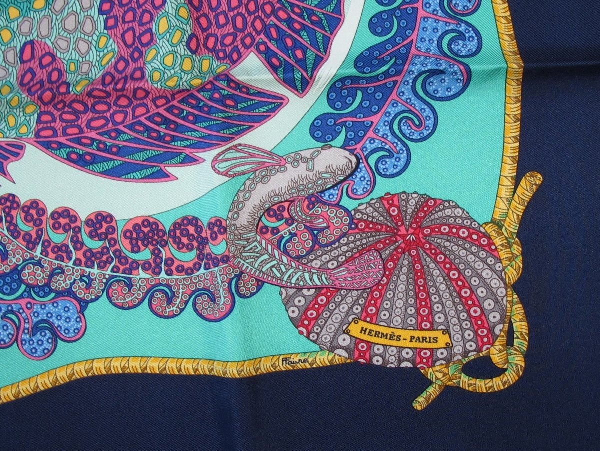 Hermes Navy Turquoise Grands Fonds by Annie Faivre wit Blanc Matte Overlay Twill Silk 90cm,New! - poupishop
