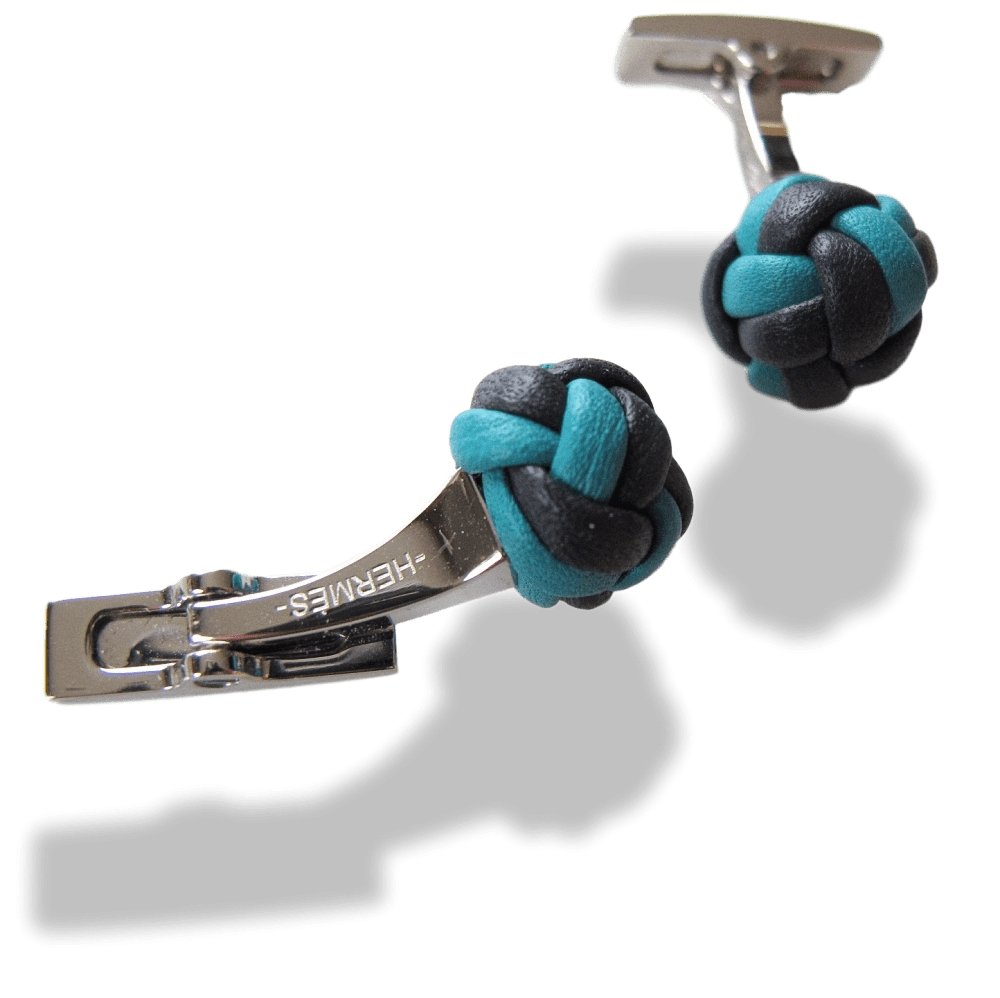 Hermes Navy Turquoise Pompon Leather Knot Cuffflinks, NIB! - poupishop