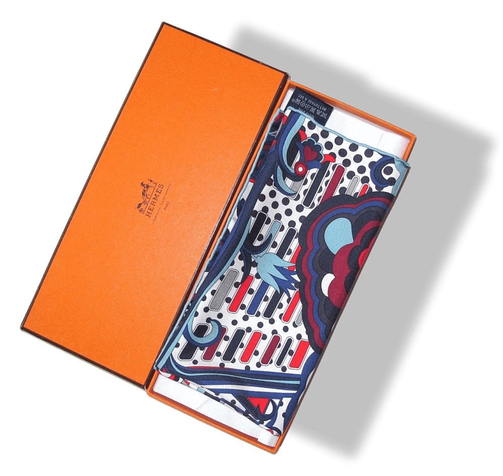 Hermes Navy White Red Faubourg Rainbow Detail Gavroche Pochette Twill Silk 45, NIB! - poupishop