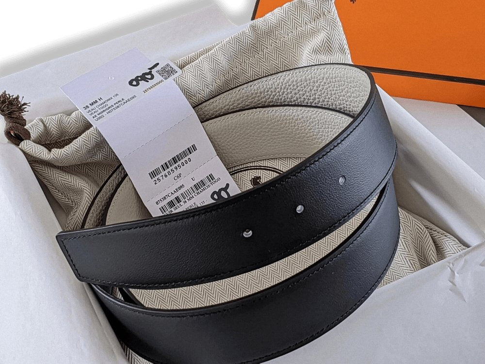 Hermes Noir/Gris Perle Chamonix/Togo Reversible Belt Strap 38 MM, BNWTIB! - poupishop