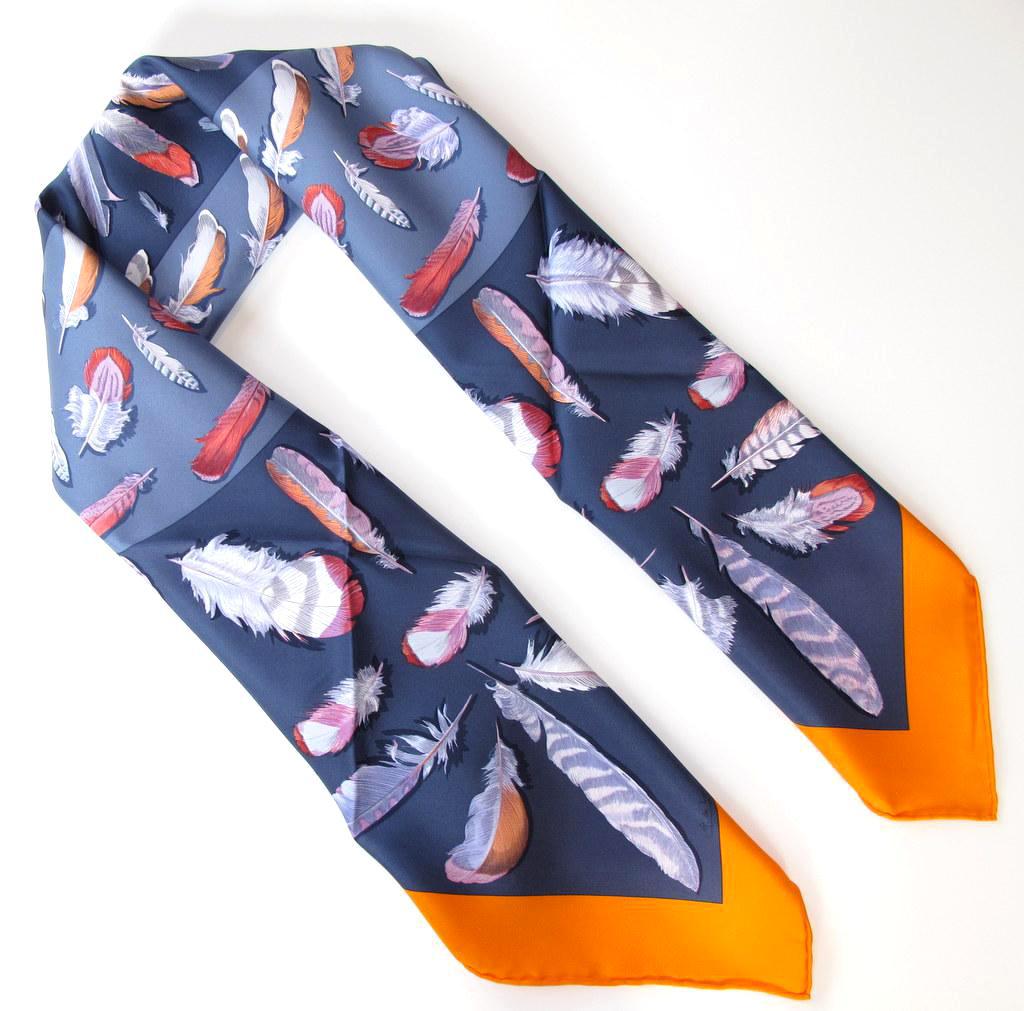 Hermes Orange Anthracite Plumes II Blanc Matte Overlay Twill 90cm, New! - poupishop