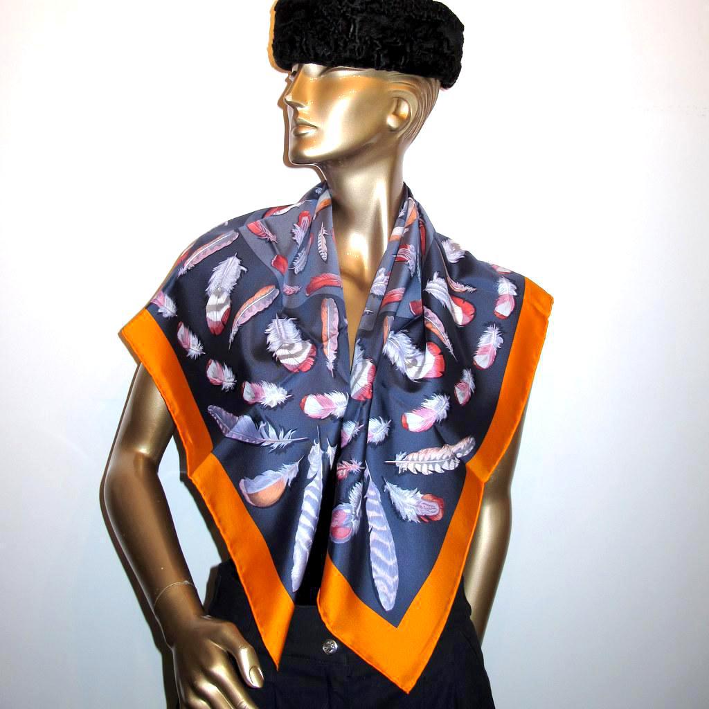 Hermes Orange Anthracite Plumes II Blanc Matte Overlay Twill 90cm, New! - poupishop
