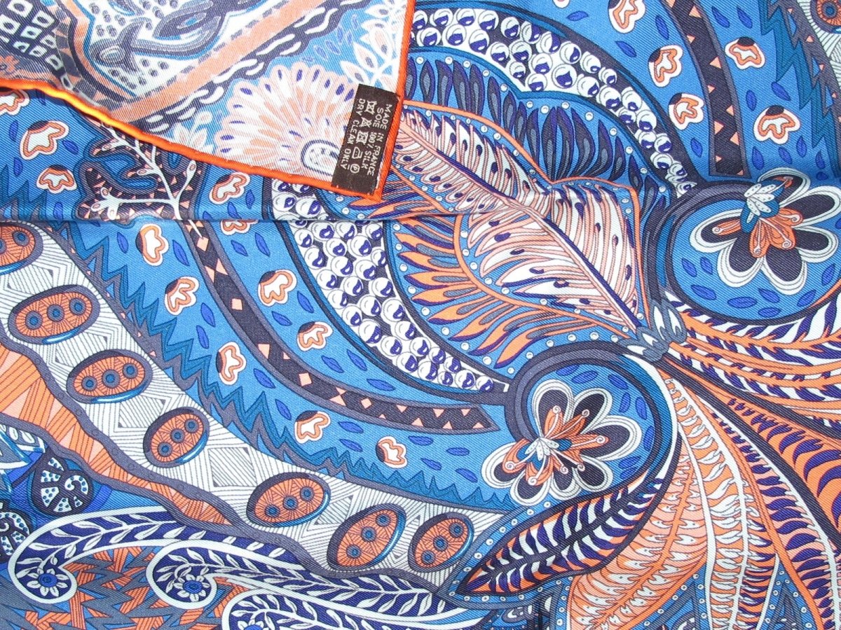 Hermes Orange Blue Jardin de la Maharani Decadre by Annie Faivre Twill Gavroche 42cm, New! - poupishop
