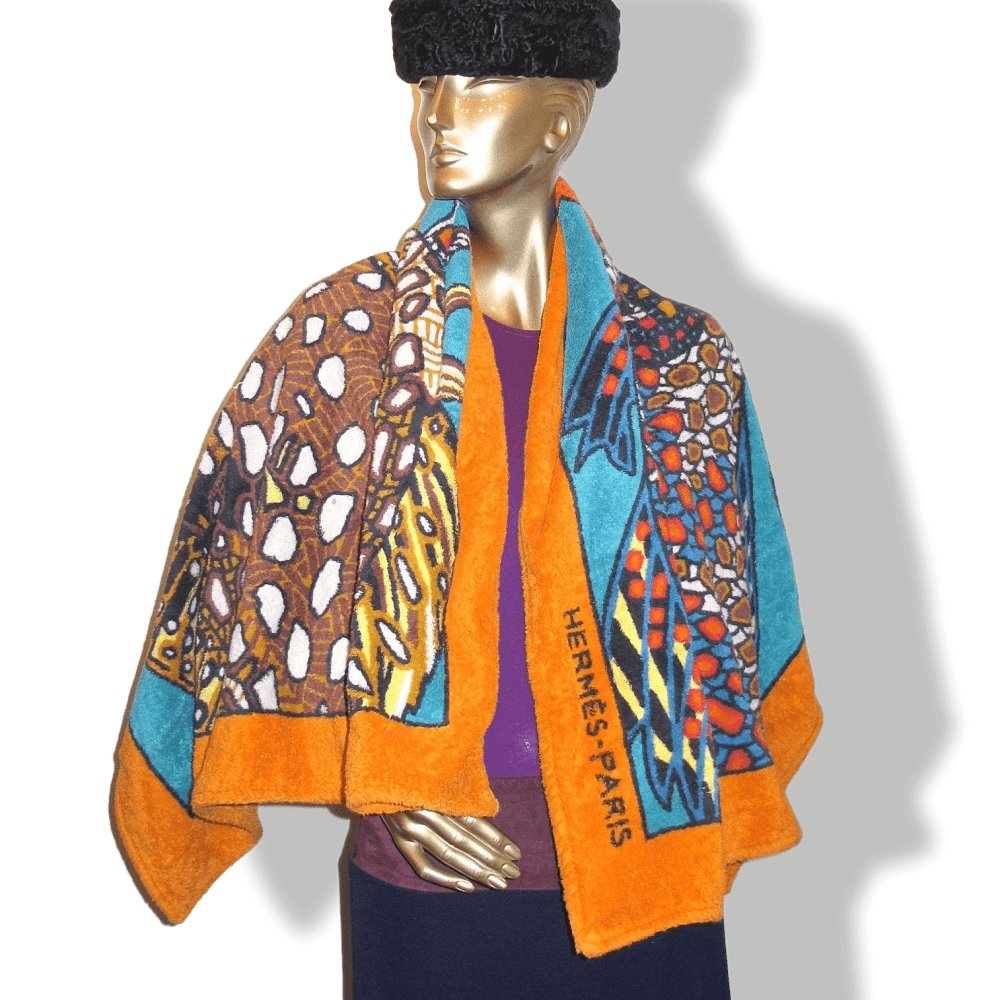 Hermes Orange Grands Fonds by Annie Faivre Cotton Terry Animal Print Fish Towel GM - poupishop