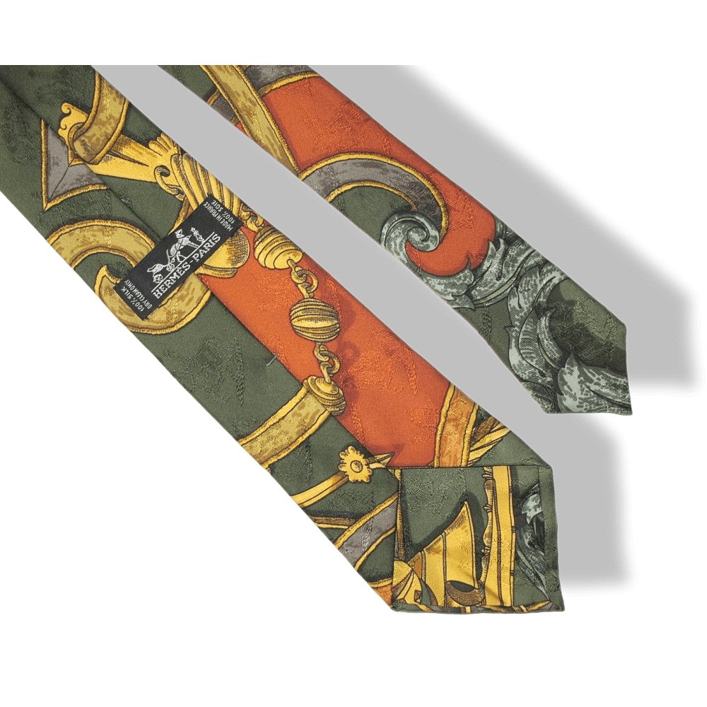 Hermes Orange Green Gold Instruction du Roy Printed Jacquard Silk Tie, Box! - poupishop