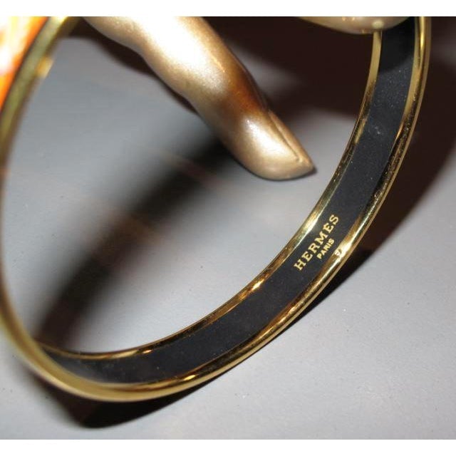 Hermes Orange Horses Printed Enamel/Gold Bangle Bracelet - poupishop