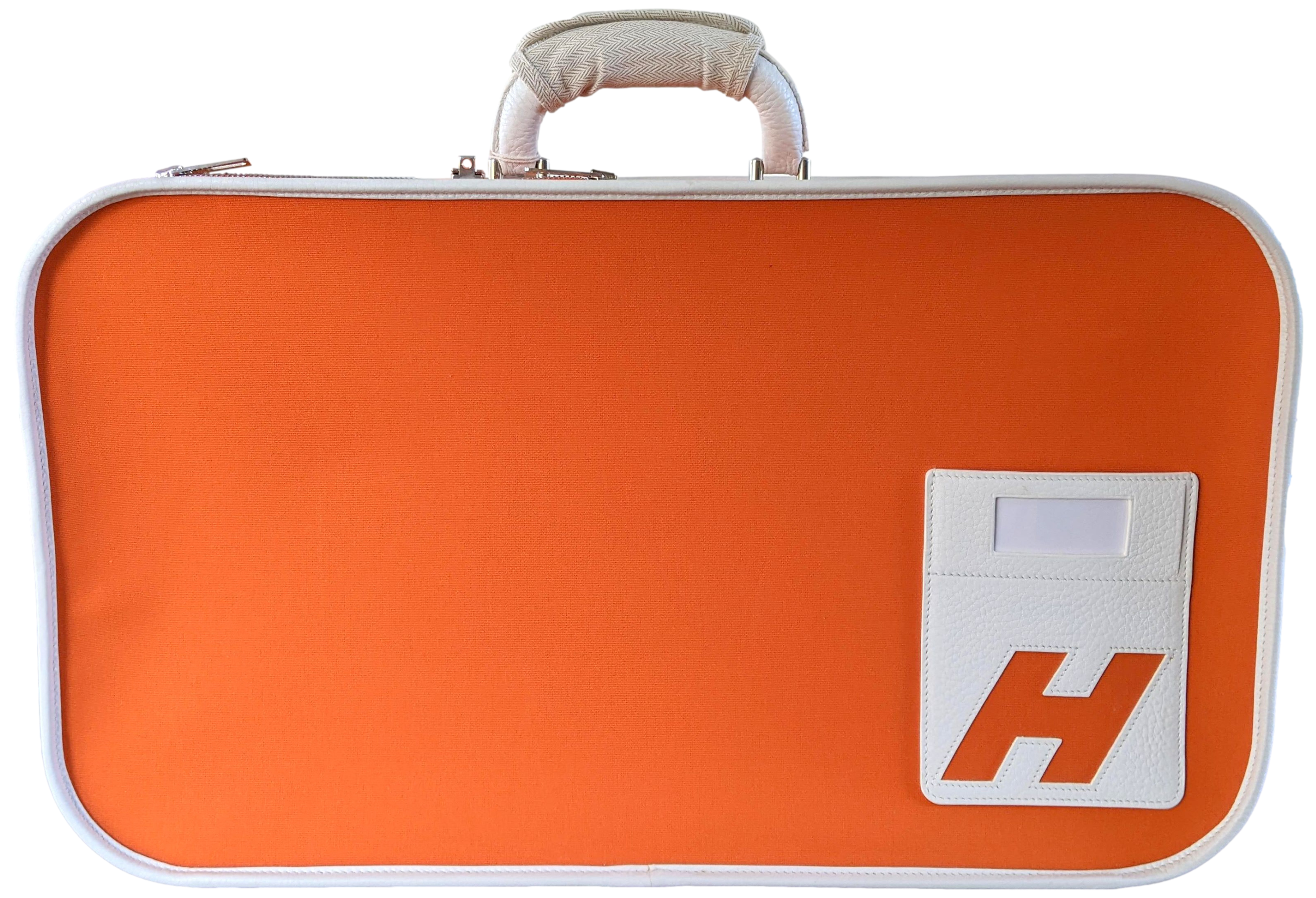 Hermes 2009 Orange/White "Suitcase H" Valise Toile Orange et Cuir Clemence Blanc PHW