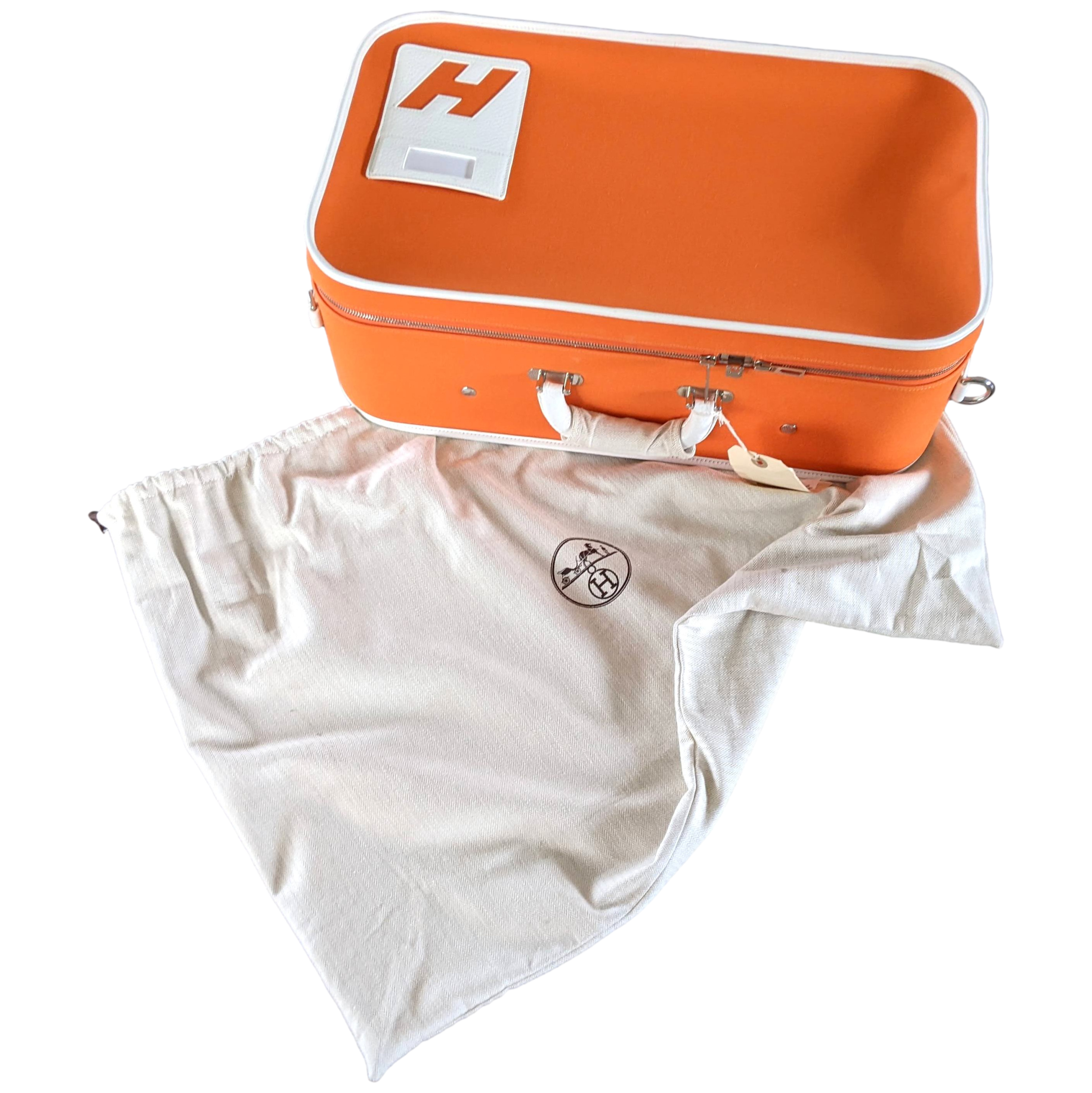 Hermes 2009 Orange/White "Suitcase H" Valise Toile Orange et Cuir Clemence Blanc PHW