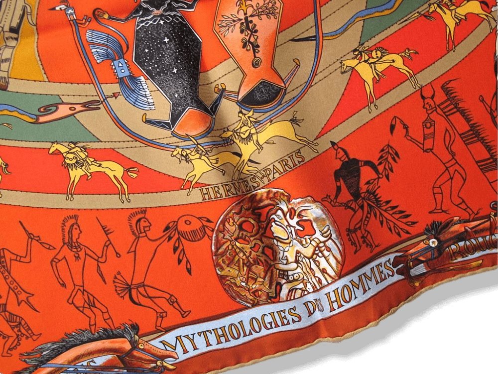 Hermes Orange/Blue Mythologies des Hommes Rouges Blanc Matte Overlay Twill 90cm, Box! - poupishop