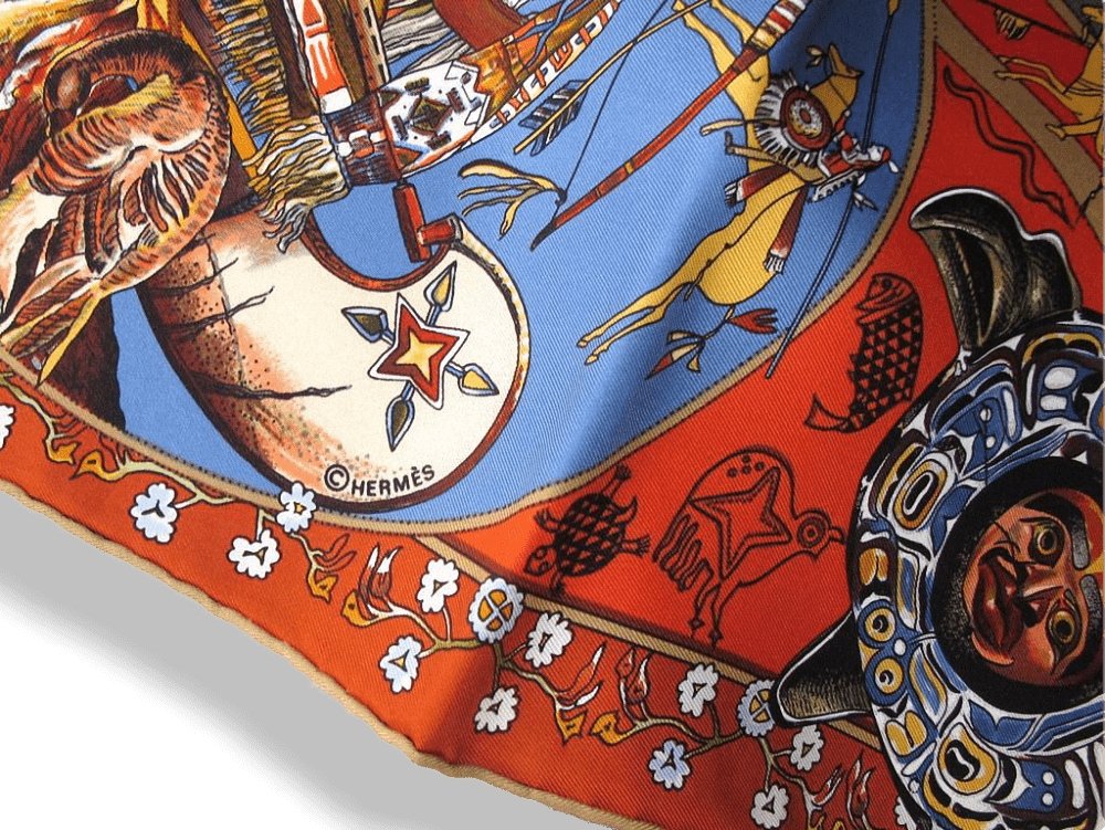 Hermes Orange/Blue Mythologies des Hommes Rouges Blanc Matte Overlay Twill 90cm, Box! - poupishop