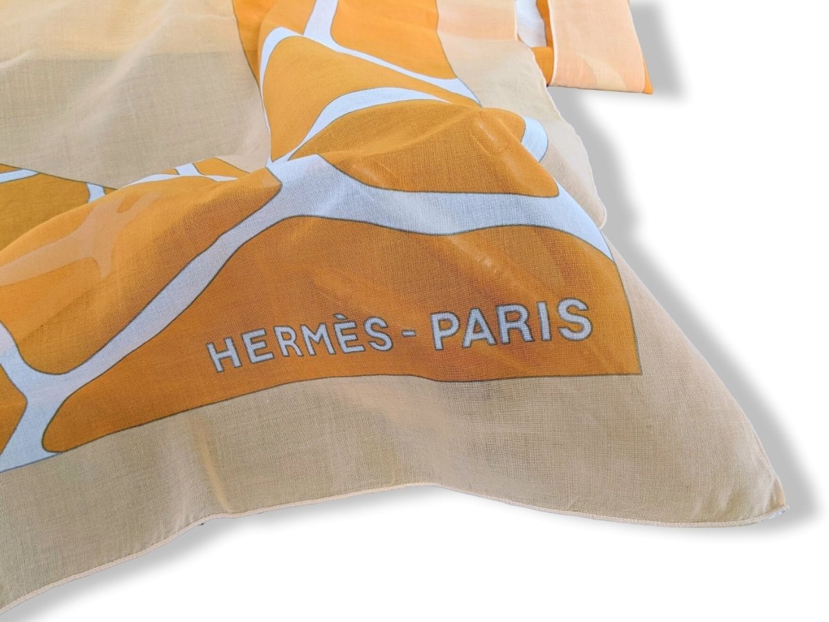 Hermes Orange/Green Oversize Giraffe Print Scarf Pareo LES GIRAFES in Muslin of Cotton, Rare in Box!