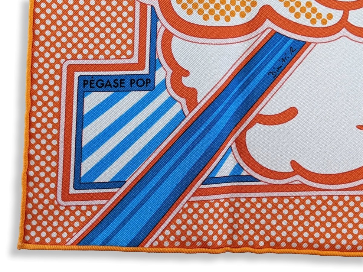 Hermes Orange/Turquoise PEGASE POP by Dimitri R. Twill Gavroche Pocket Scarf 45 cm, BNWT! - poupishop