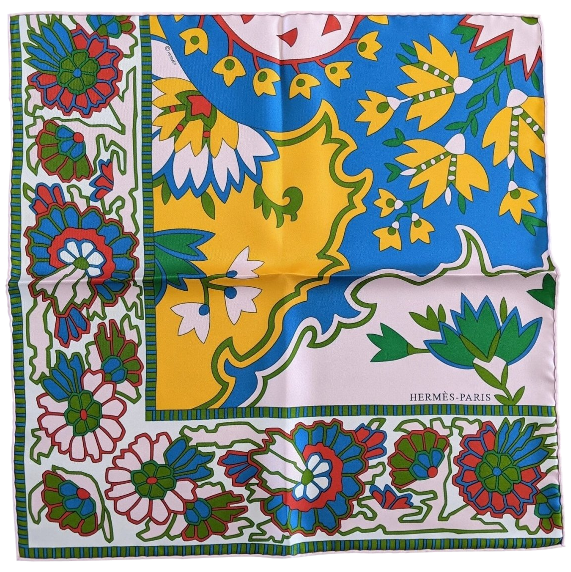 Hermes 2O19 Special Issue Rose/Jaune/Bleu "Paisley from Paisley" Twill Gavroche 45cm