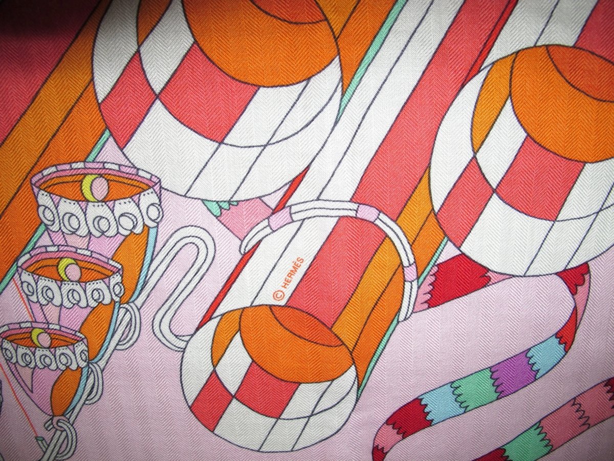 Hermes Pale Pink, Orange, Green POINT D'ORGUE by Pierre Marie Cashmere Shawl 140, New! - poupishop