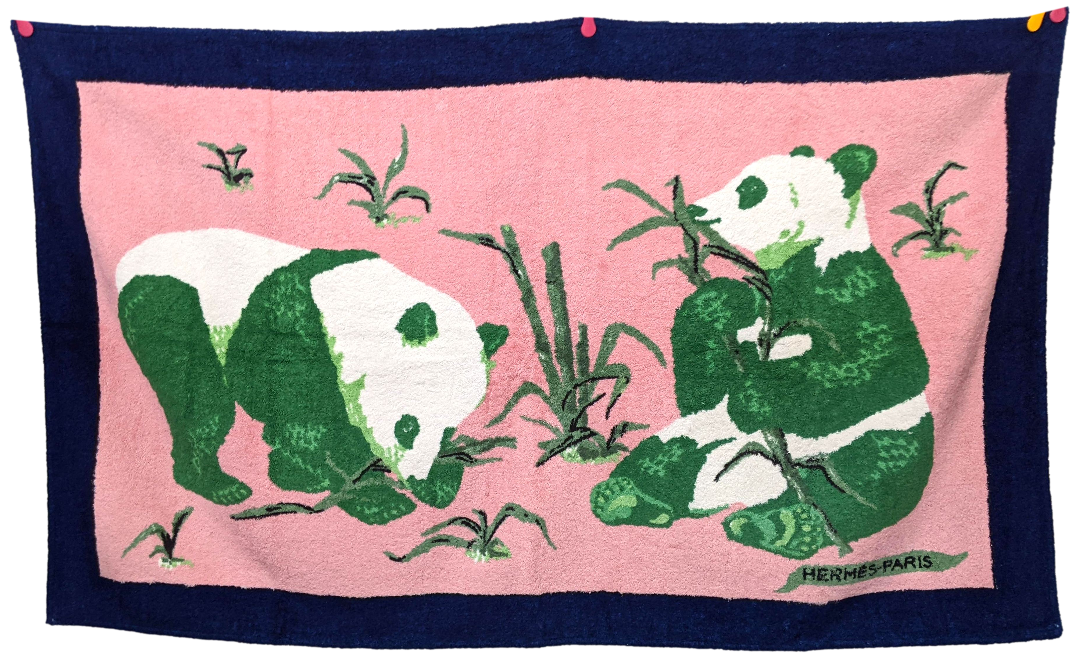 Produits Hermes Vintage Bleu/Pink "Pandas Eating Bambou" Terry Beach Towel 150 x 90 cm