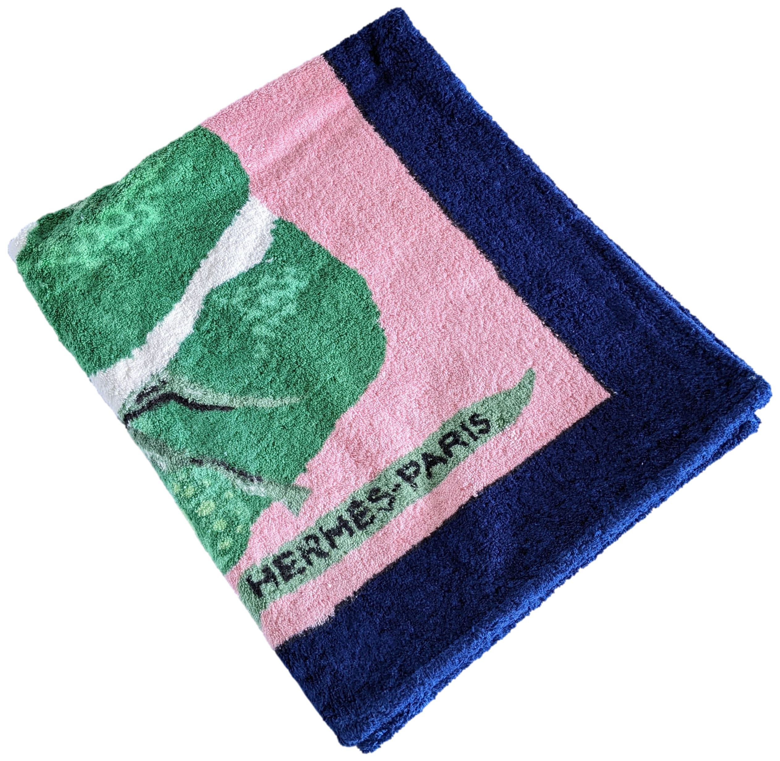 Produits Hermes Vintage Bleu/Pink "Pandas Eating Bambou" Terry Beach Towel 150 x 90 cm