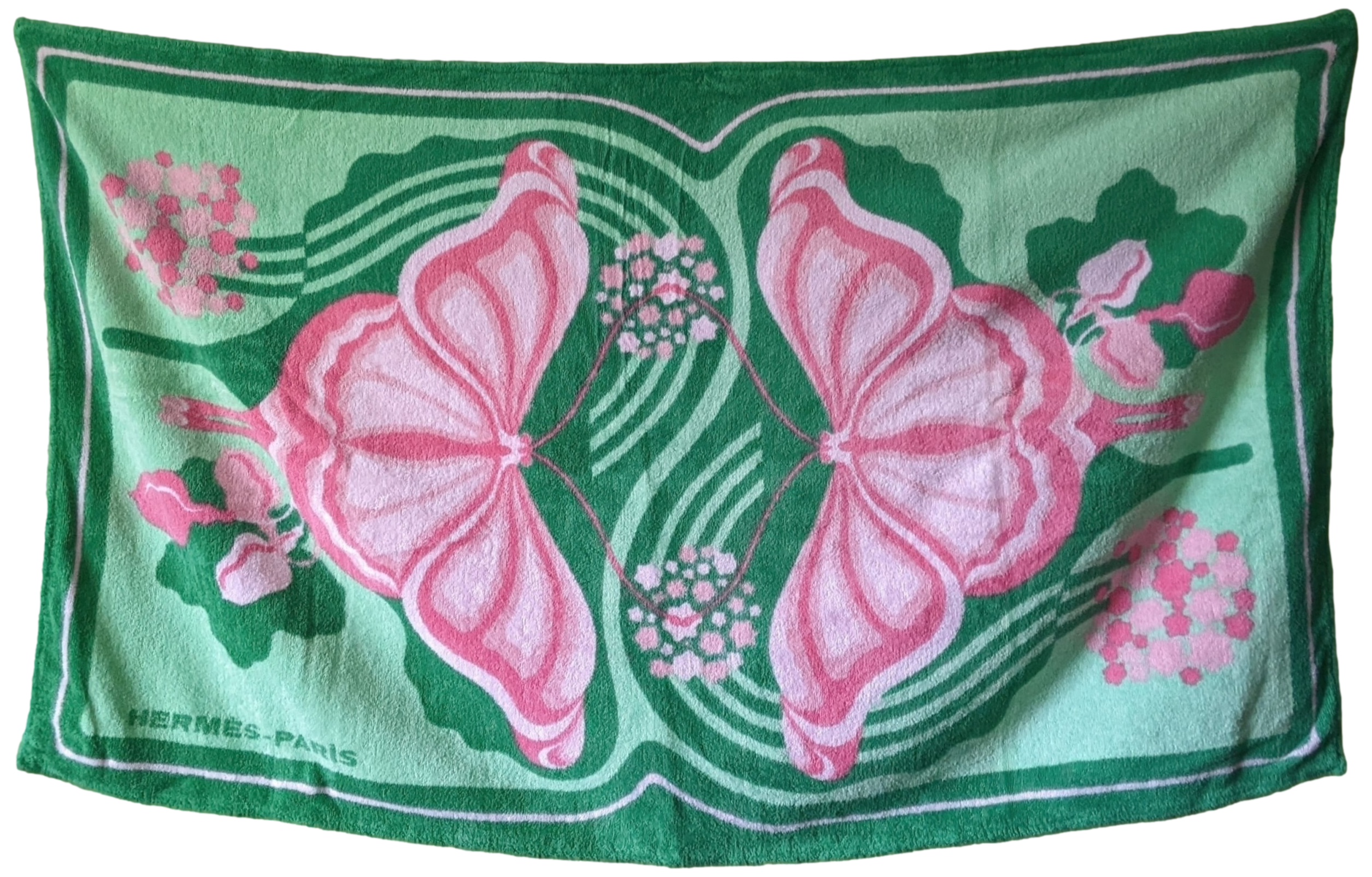 HERMES Vert/Rose PAPILLON 1 Terry Cotton Beach Towel 90 x 150 cm