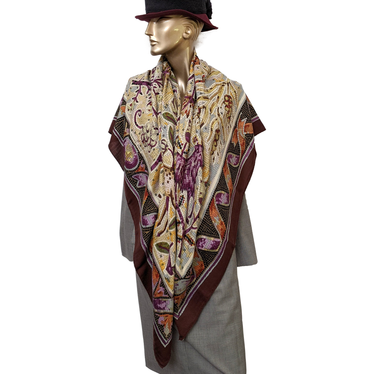 Hermes GRAIL 2003 Burgundy " Pavement " Mosaics Cashmere Shawl 140