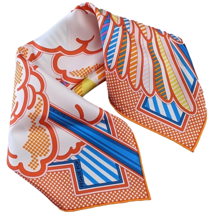 Produits Hermes Orange/Turquoise PEGASE POP by Dimitri R. Twill Gavroche Pocket Scarf 45 cm