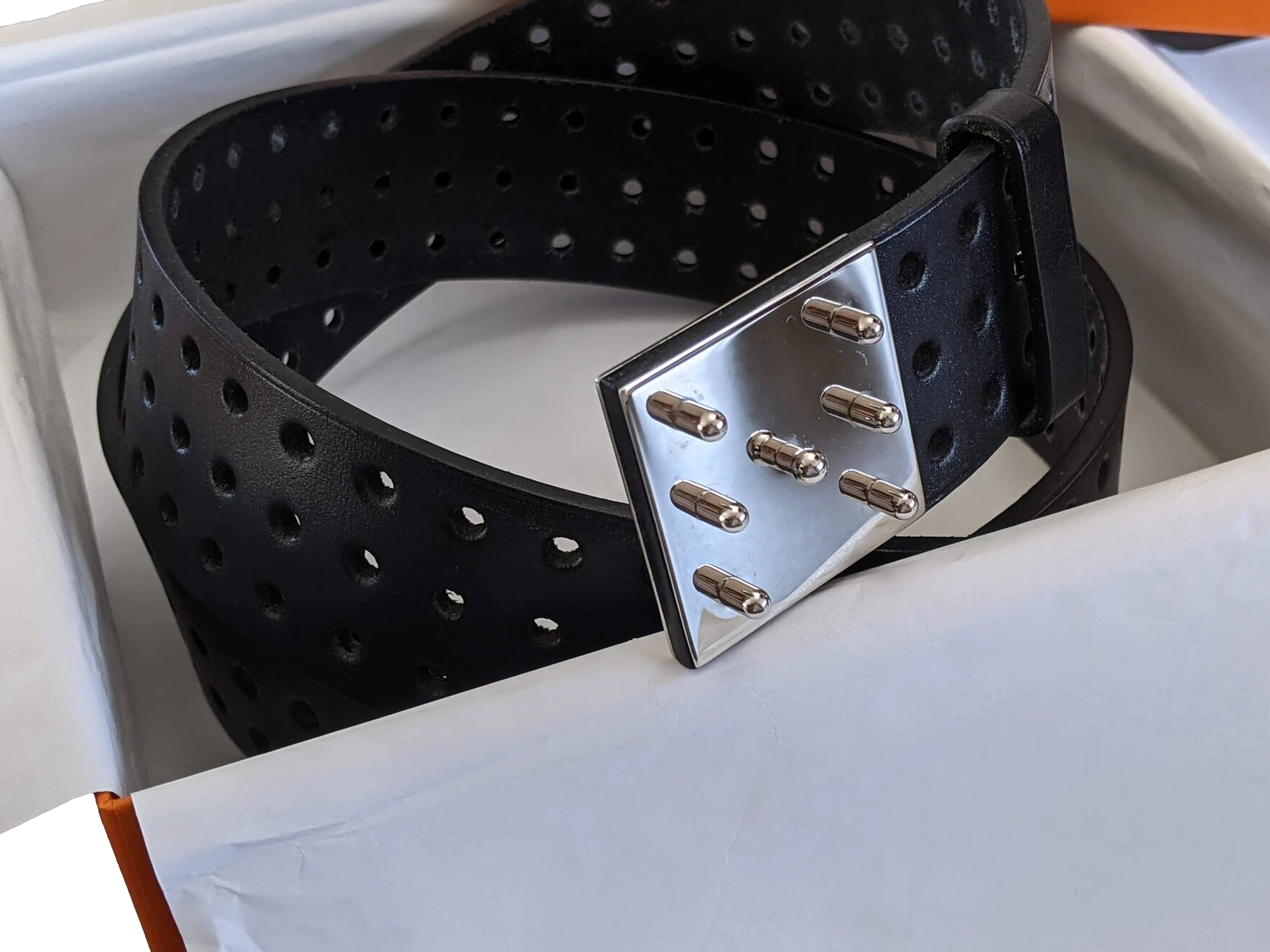 Hermes 2012 Black Perforated Cow Leather Figure H Complete Belt GM Sz95, Superb in Box!