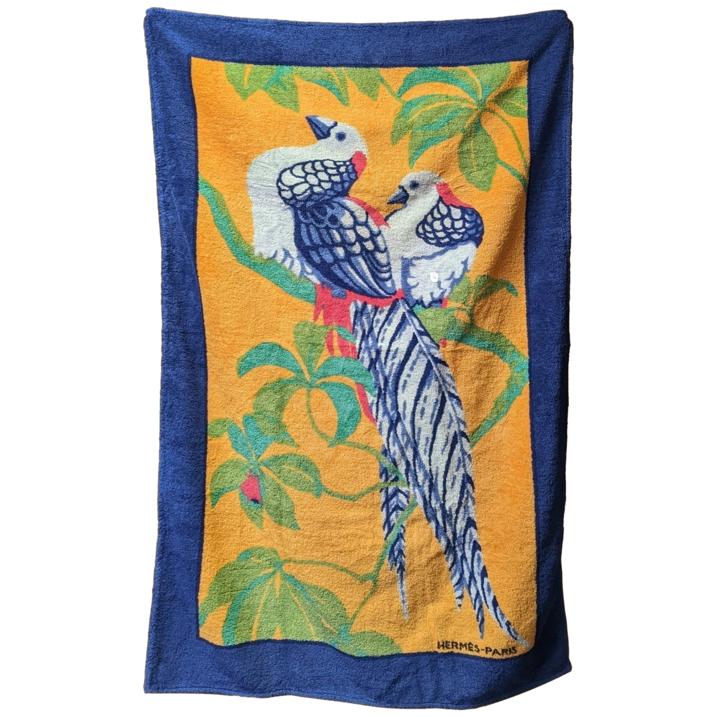 Hermes Marine/Orange "Perroquets" Terry Beach Towel 90 x 150 cm