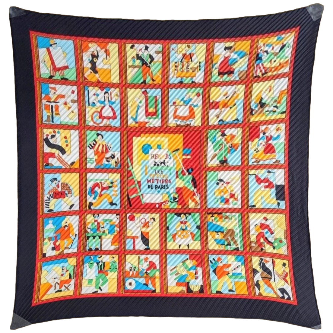 Hermes 2006 Noir/Multi PETITS METIERS DE PARIS by Karen Petrossian Pleated Plisse Twill 90cm